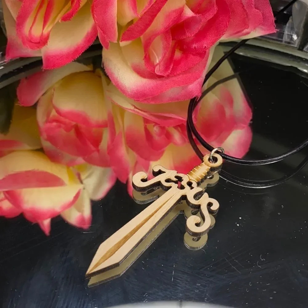 Jesus Wooden Sword Cross Pendent Necklace 18”